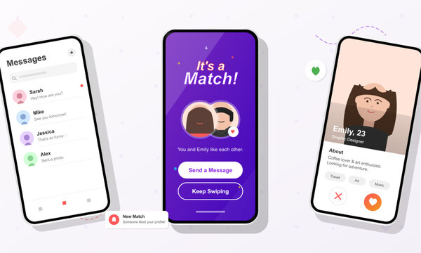 Two phone screens display a dating app with user profiles and a message notification. One profile shows interests for finding matches and sending messages.