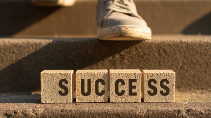 A person's foot is on a step and the word success is written in blocks
