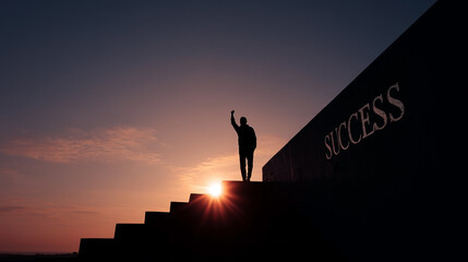 A man is standing on a set of stairs with the word success written on the wall b