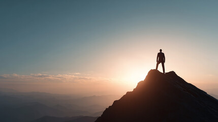 A man stands on a mountain peak at sunset