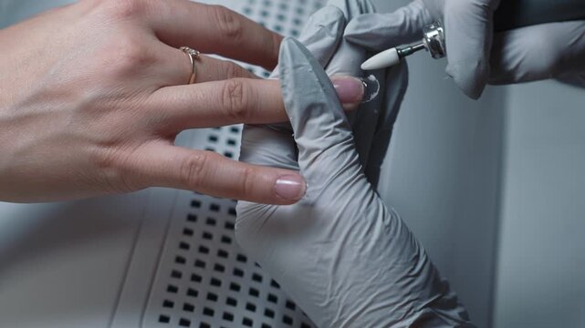 Nail artist shortening acrylic nail tip using electric file tool during detailed nail shaping procedure in beauty salon
