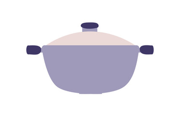 Obraz premium Casserole, saucepan with lid. Large deep cooking pot for boiling, simmering. Metal kitchenware with handles. Cookware for soup, kitchen utensil. Flat vector illustration isolated on white background