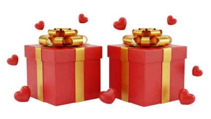 Red gift boxes with gold ribbons and red hearts isolated on a transparent background presents