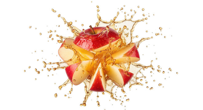 Juicy red apple exploding with liquid splashing everywhere on white isolated on transparent background