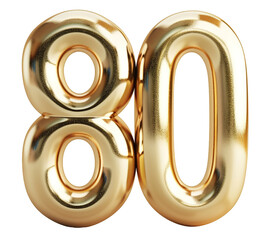 Number eighty in glossy gold finish is cut out on a transparent background. This element is suitable for party themes and jubilee activities like anniversaries