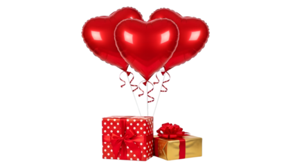 Red heart balloons tied to two gift boxes isolated on a transparent background presents red and white polka dot