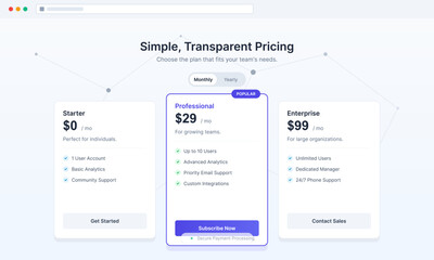 People can view pricing plans for team services on a website. There are three options listed for monthly plans that meet different needs.