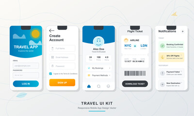 Screens show different parts of a travel app for booking flights. Users can create accounts, view bookings, and receive flight notifications. Easy access to all features is available.