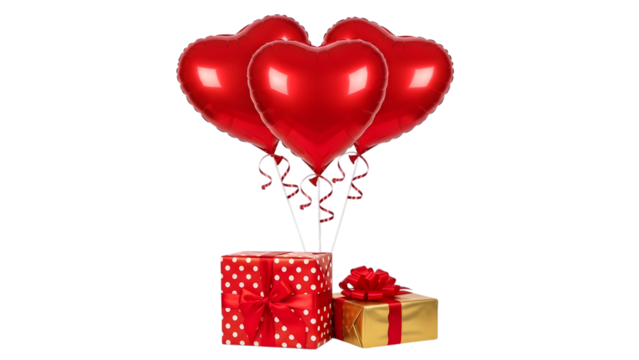 Red heart balloons tied to two gift boxes isolated on a transparent background presents red and white polka dot - Powered by Adobe