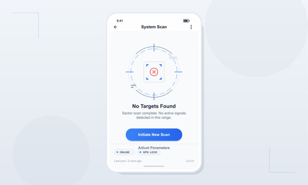 A device display shows a system scan result indicating no targets found. The screen offers options to initiate a new scan and adjust parameters. The scan is complete.