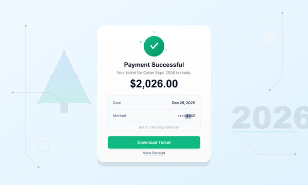 A ticket confirmation shows a successful payment of $2,026. The date of the event is December 25, 2025. A download link for the ticket is included.