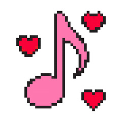Fototapeta premium Pixel art music note with red heart, 8-bit Valentine’s Day love melody symbol, square pixel outline, retro gamer romantic tune icon in minimal style.