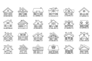 Vector illustration set of black house and home icons featuring real estate building symbols with roof and window design elements for urban property architecture