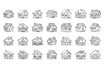 Set of house icons featuring vector illustrations of home buildings and real estate symbols with roof and window design elements for urban property construction or apartment logo signs