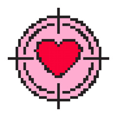 Obraz premium Pixel art icon of target with heart. Retro Valentine's Day love target, 8-bit romantic symbol, gaming vector. Minimal pixelated bullseye, red heart pixels, nostalgic arcade style.