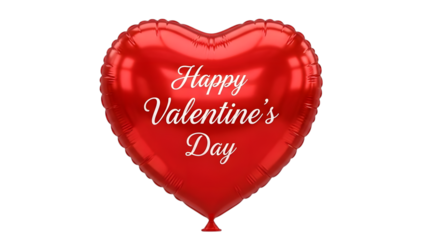 Red heart shaped foil balloon with Happy Valentines Day text isolated on a transparent background