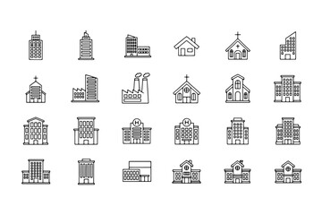 Architectural line icons of various buildings including skyscrapers residential houses hospitals factories and religious church structures.