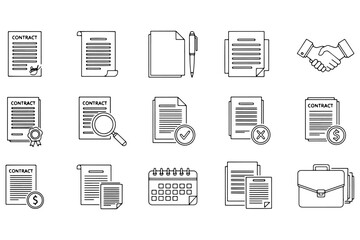 Professional business contract line icon set featuring legal documents, agreement handshake, magnifying glass, and financial stamps.