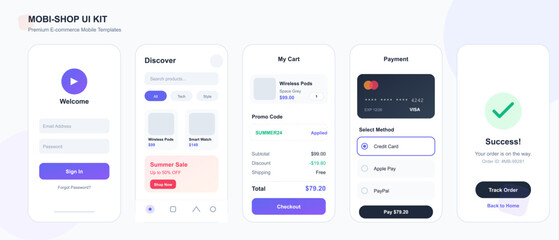 Screens show a mobile shopping application including welcome message, product categories, shopping cart, payment details, and order success notification. User can browse and purchase items easily.