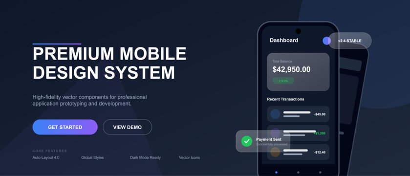 The dashboard displays total balance and recent transactions for a mobile design system. Users can see payment details and take action easily on their devices.
