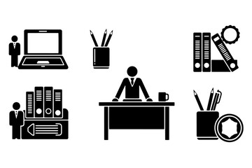 Office workspace illustrations featuring professional businessman at desk with laptop binders pens and office supply icons.