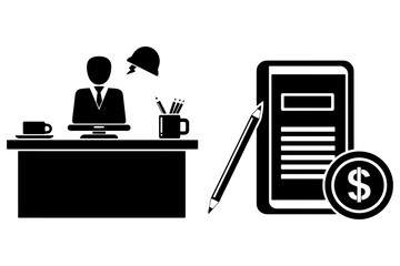 Financial professional at workstation with dollar sign currency symbol, digital tablet pen, and office desk elements.