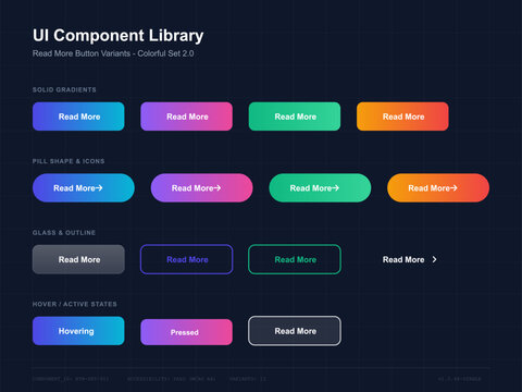 Different UI buttons are shown in various colors and styles. Each button says Read More and includes solid, pill, and outline shapes. The design is suitable for web applications.