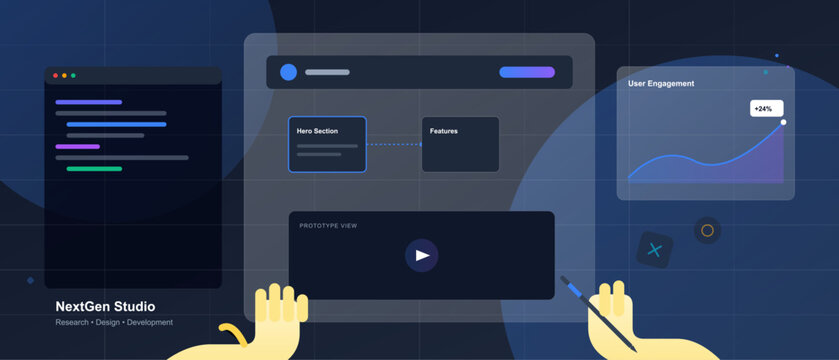 Hands interact with a computer display showing user interface elements, programming code, and a visual graph of user engagement metrics, suggesting design work in progress.