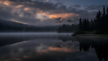 Obraz premium Moody Mountain Lake Landscape at Dawn with Fog and Dramatic Sky