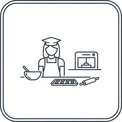 Fototapeta premium Female Baker with Graduation Cap and Baking Tools Line Icon.