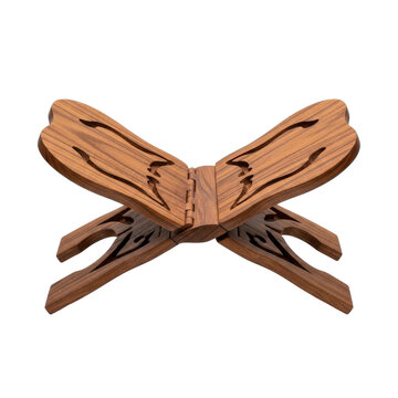 This warm brown traditional wooden rehal, used for supporting sacred texts, is isolated on a white background.