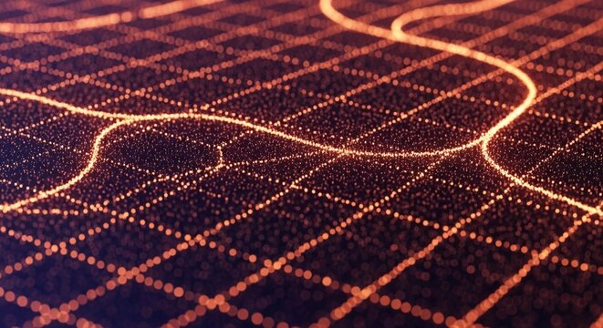 A close-up view of a grid pattern with glowing orange lines and dots - Powered by Adobe