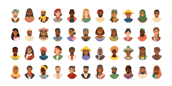 Set of people avatars from different cultures wearing traditional clothing isolated on white. Concept of equality, cultural diversity, friendship, inclusion. Vector flat cliparts.