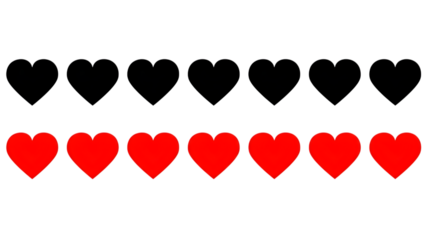 Row of alternating outlined and solid red hearts in linear arrangement isolated on a transparent background