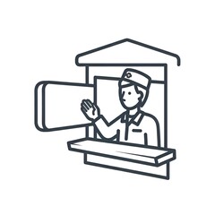 Security Guard Waving from Booth Line Art Illustration.