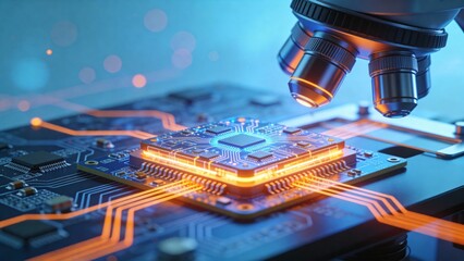 Microscope examining glowing circuit board