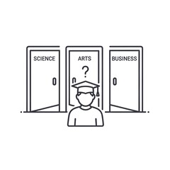 Student in graduation cap contemplating career choices between science, arts, and business paths, represented by three doors.