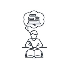 Student studying and thinking about books line icon.