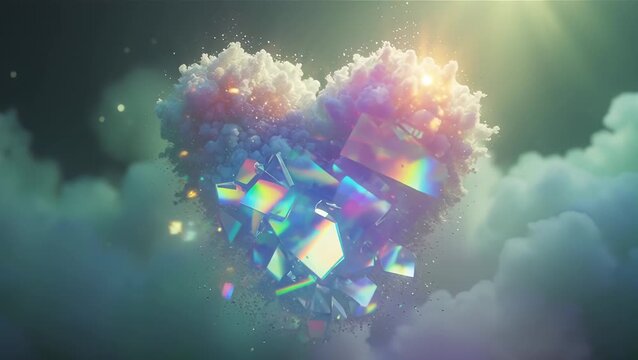 Vibrant Heart Shape Made of Colorful Shards Surrounded by Dreamy Clouds