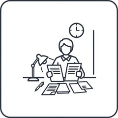 Student studying with books and lamp on desk line icon.