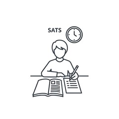 Student taking SATS exam with clock and book line icon.