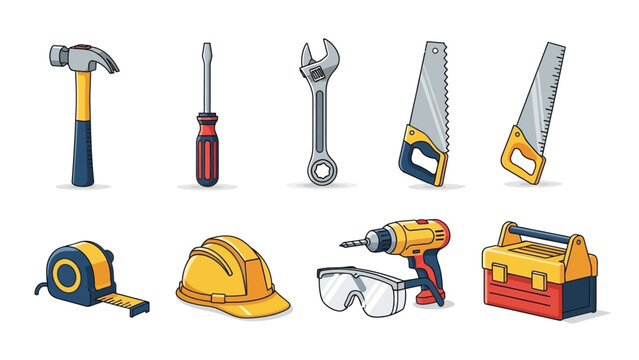 Collection of cartoon construction and DIY tools