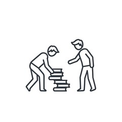 Two people collaborating to stack books, representing teamwork and knowledge sharing.