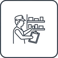 Warehouse Worker Checking Inventory Line Art Icon.