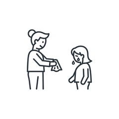 Woman comforting crying child with a tissue line icon.