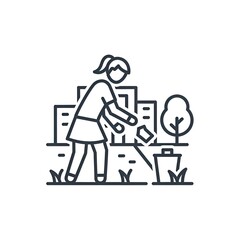 Woman picking up litter in a park line icon.