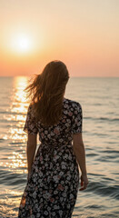 Woman in floral dress standing near the ocean, gazing at a vibrant sunset reflecting on the water, evoking serenity and peace.