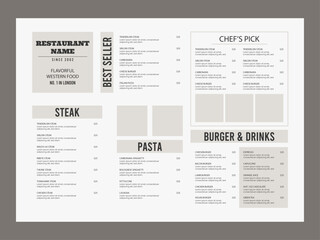 Modern food menu template for restaurant. Cafe food menu design in A4 document size.