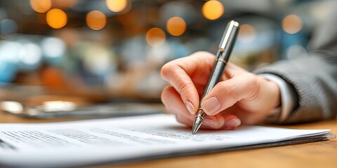 Hand writing on document with pen