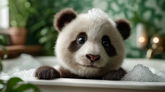 Cute panda cub relaxing in bubble bath, peaceful spa moment.